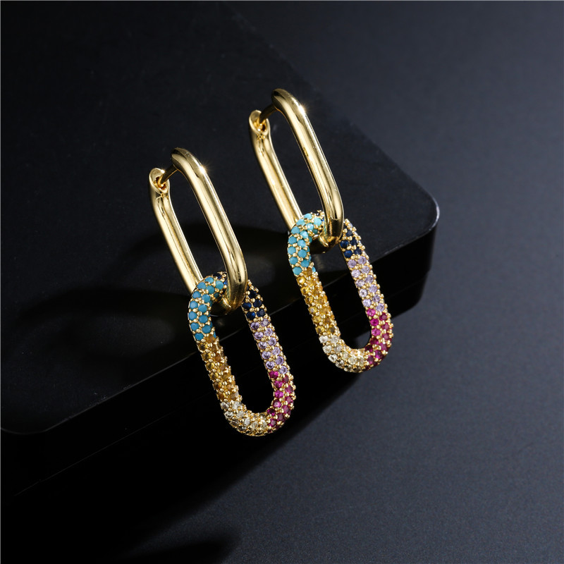 5g Weight Zircon Inlay Material Earrings Classification Wedding, Travel, Birthday, Festival Occasion Copper Material Geometric Pattern Women'S Gender Fashion Style Fashion Double Ring Buckle Pure Copper Micro-inlaid Color Zircon Earrings 2