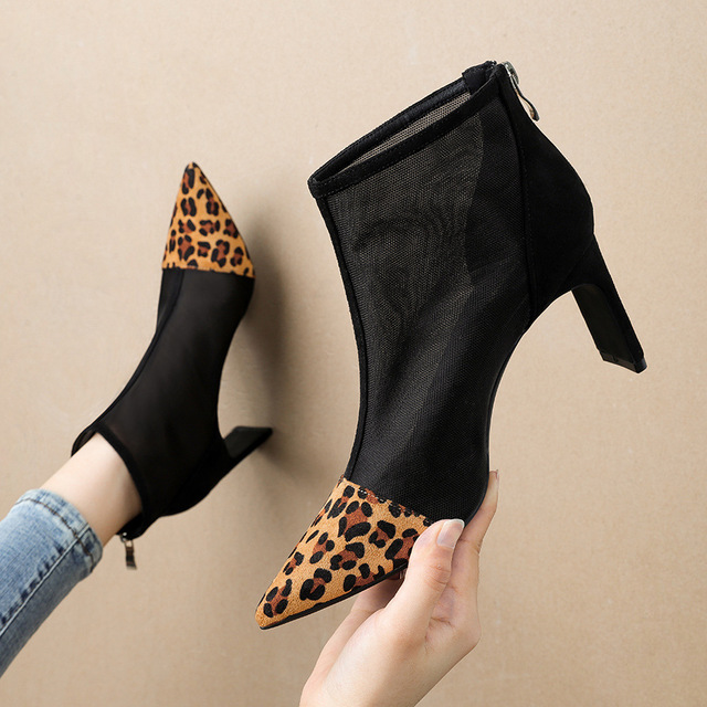 Sexy pointed net gauze transparent high heel shoes thick heel leopard print Martin boots sexy single boot women’s shoes