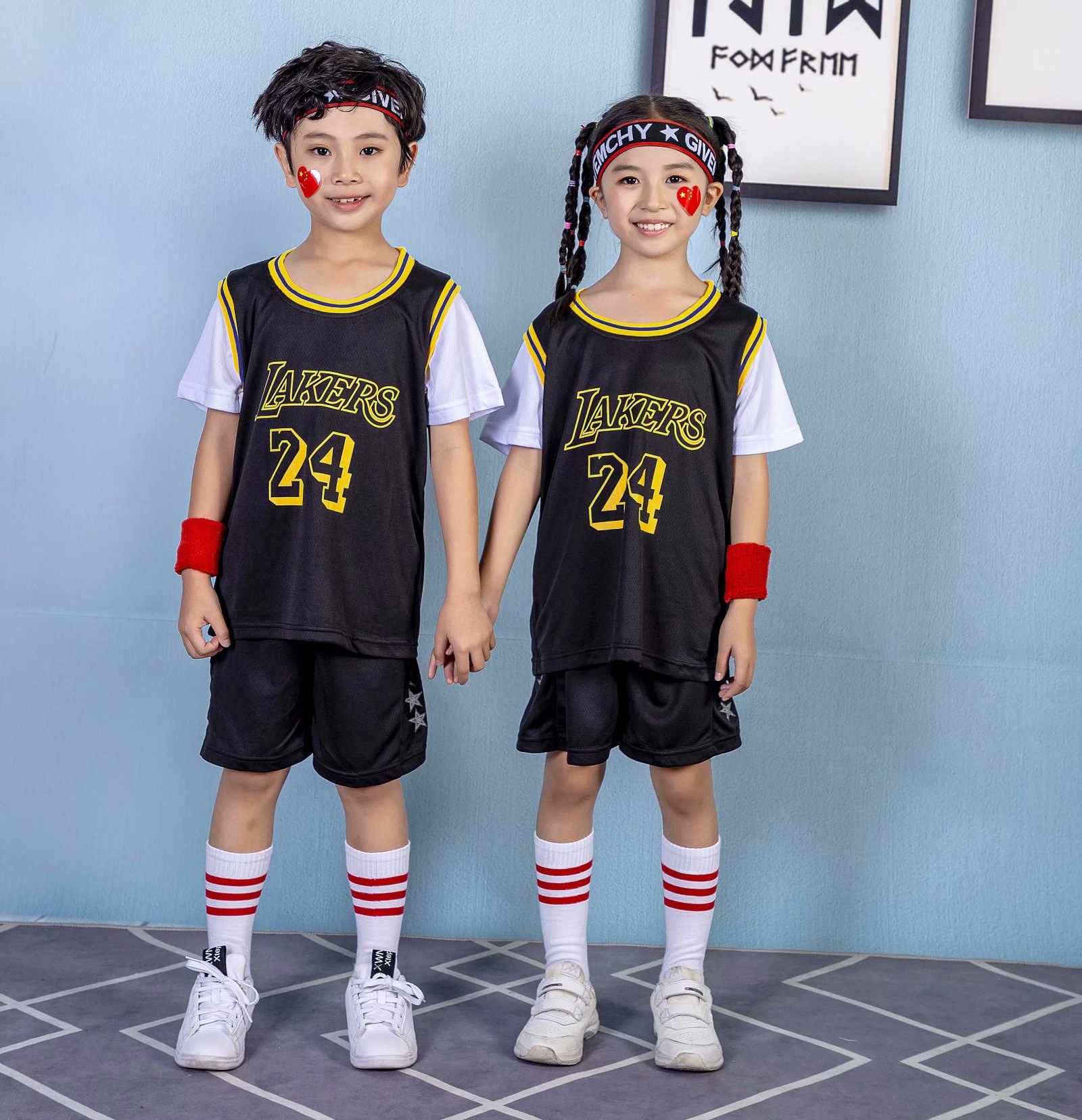 童装湖人24号科比假两件球衣篮球服短袖套装儿童幼儿园小学生班服-阿里巴巴
