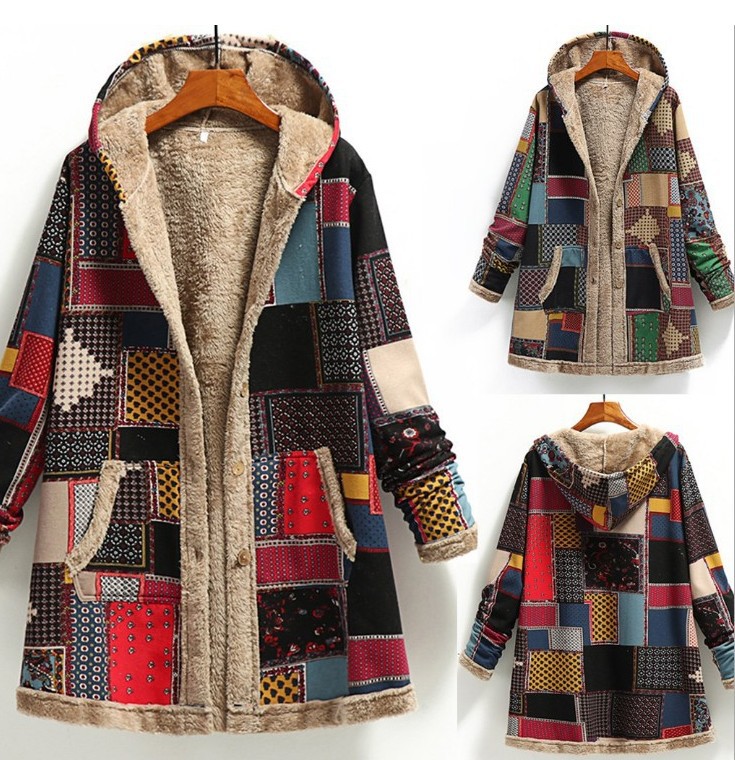 Women's Fashion Color Block Printing Single Breasted Coat Woolen Coat display picture 1