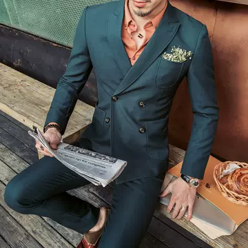 Men's suit suit British slim double row two button two piece elastic fabric bridegroom best man suit pants - ShopShipShake