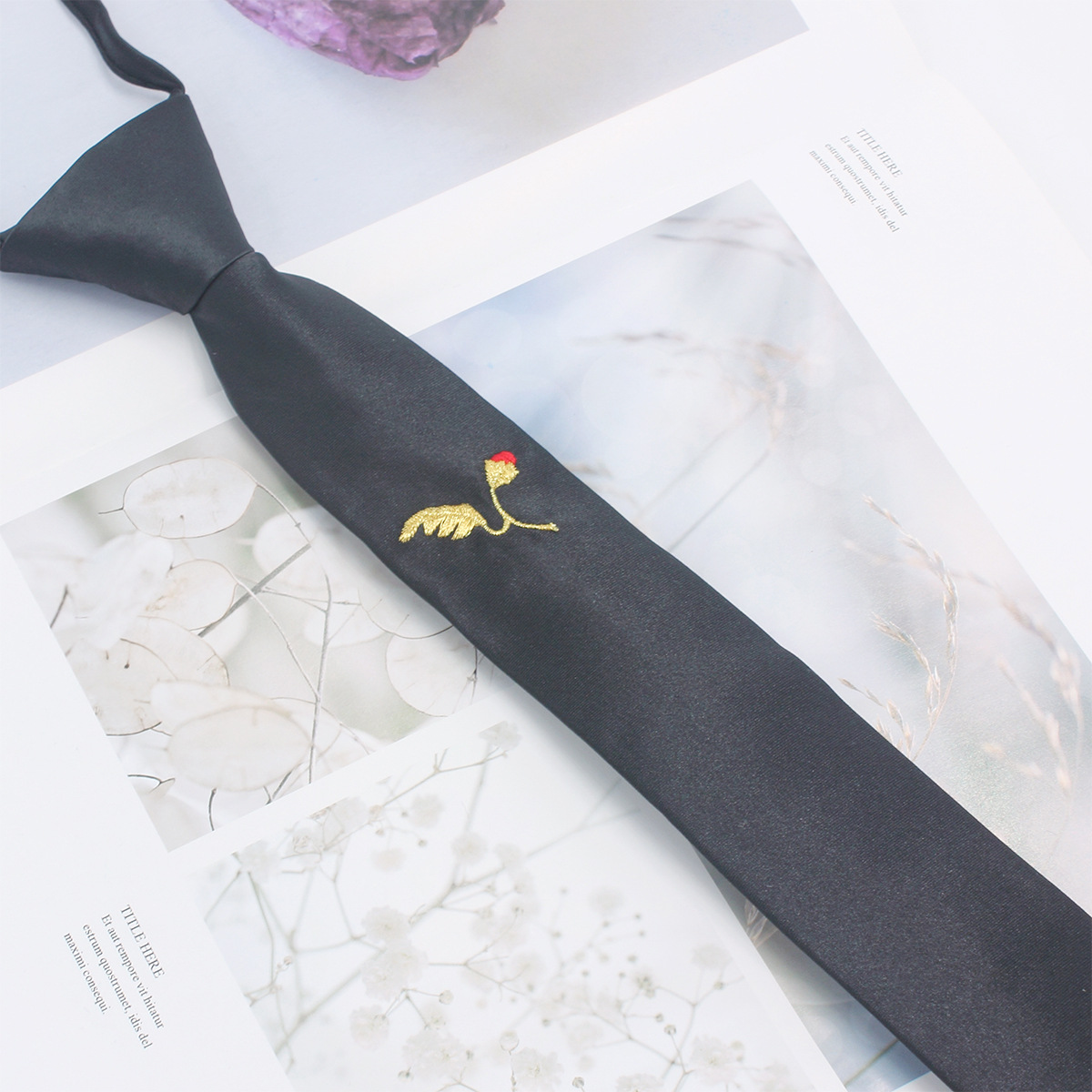 Corbata negra para hombre sin correa de cuerda moda negocios casual corbata profesional bordado personalizado