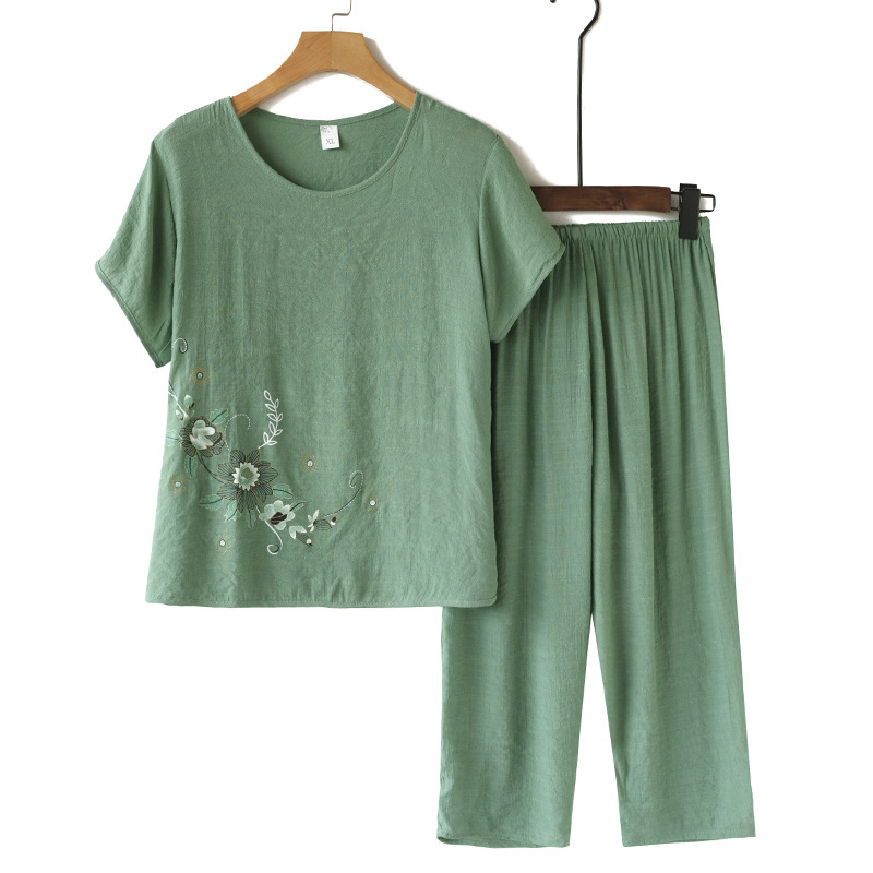 Middle-Aged and Elderly Summer Printed Cotton and Linen Suit Casual Plus Size Mom Fashionable Women's Loose Pajamas Two-Piece Set Grandma Middle-Aged and Elderly Summer Printed Cotton and Linen Suit Casual Plus Size Mom Fashionable Women's Loose Pajamas Two-Piece Set Grandma