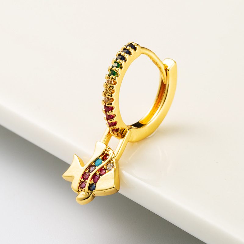 Fashion Exquisite Rainbow Series Small Fish-shape Brass Gold-plated Micro-inlaid Zircon Earrings display picture 2