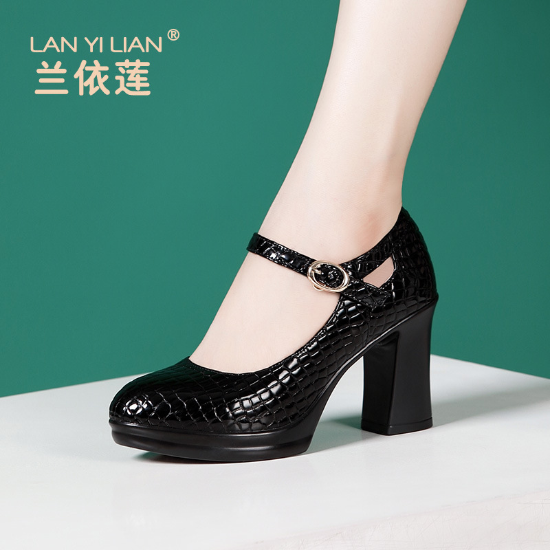 Crocodile print patent leather cheongsam catwalk high heels for runway model training special waterproof platform thick heel buckle single-layer shoes for women