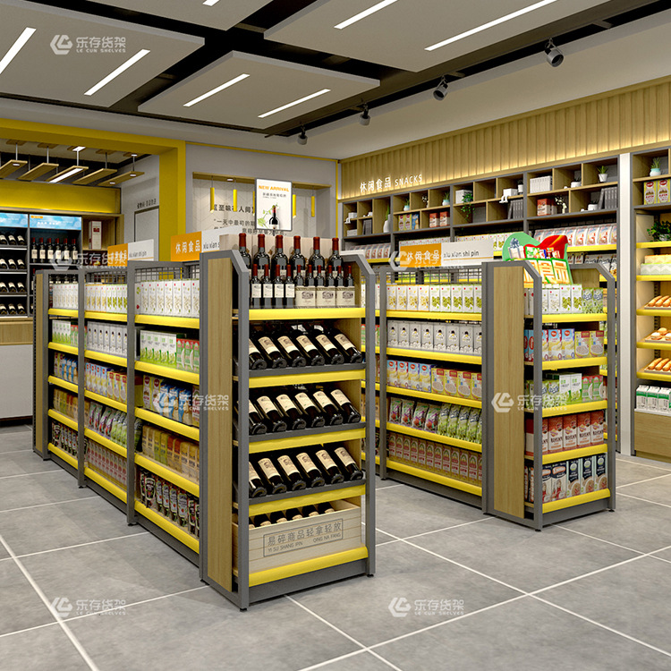 厂家直销一站式免费设计超市货架便利店双面木纹货架小卖部货架