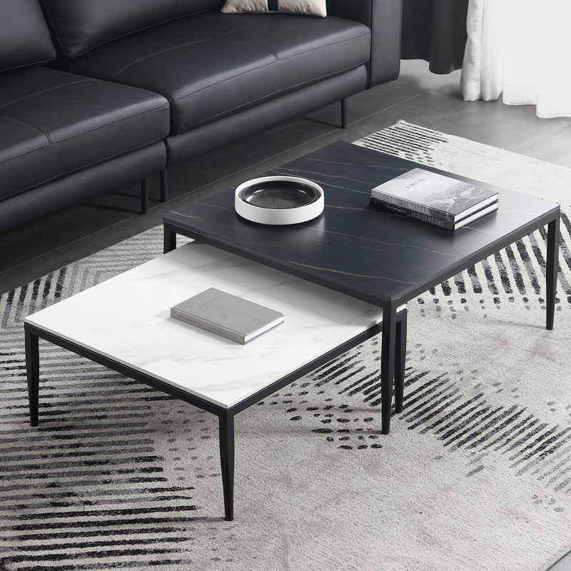 意式岩板茶幾簡約現代設計師樣板房伸縮高低組合方形意式極簡茶幾