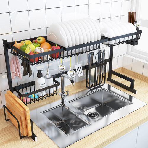 Kitchen sink storage shelf stainless steel black bowl and plate utensil sink drain rack shelf countertop storage accessories