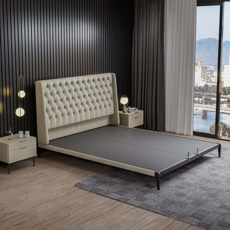 Cama de cuero genuino Yihai Xuan, estilo minimalista italiano, cama doble para dormitorio principal, modelo de diseño, cama de cuero de primera calidad importada, cama grande.