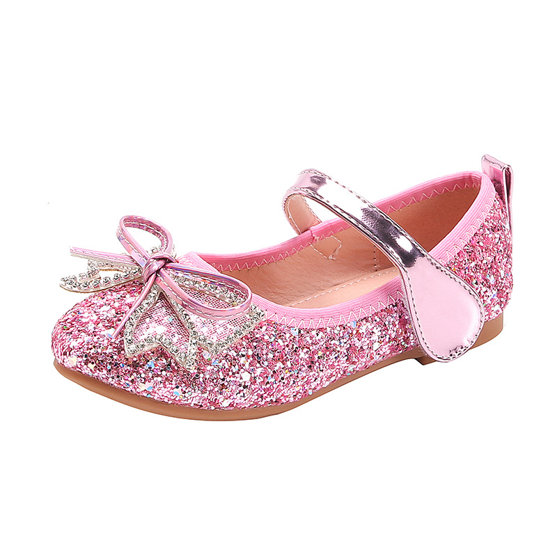 2022 new girls' Sequin crystal shoes little girls' flat sole shoes children's shiny bow banquet princess shoes