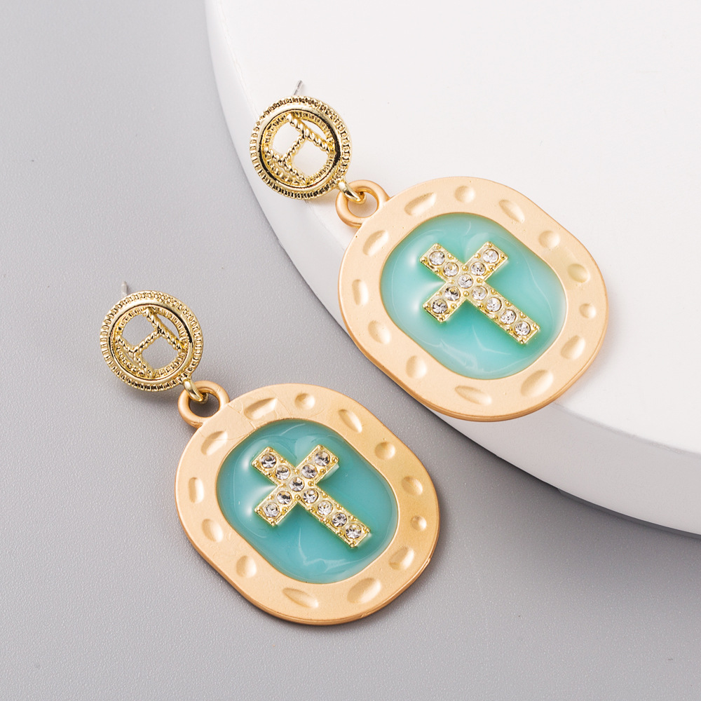 New Fashion Color Transparent Oil Drop Alloy Exaggerated Cross Diamond Long Earrings Yiwu Nihaojewelry Wholesale display picture 4
