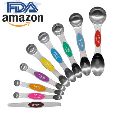 烘焙工具不鏽鋼雙頭量勺9件套調味刻度計量匙吸磁量杯測量刮勺