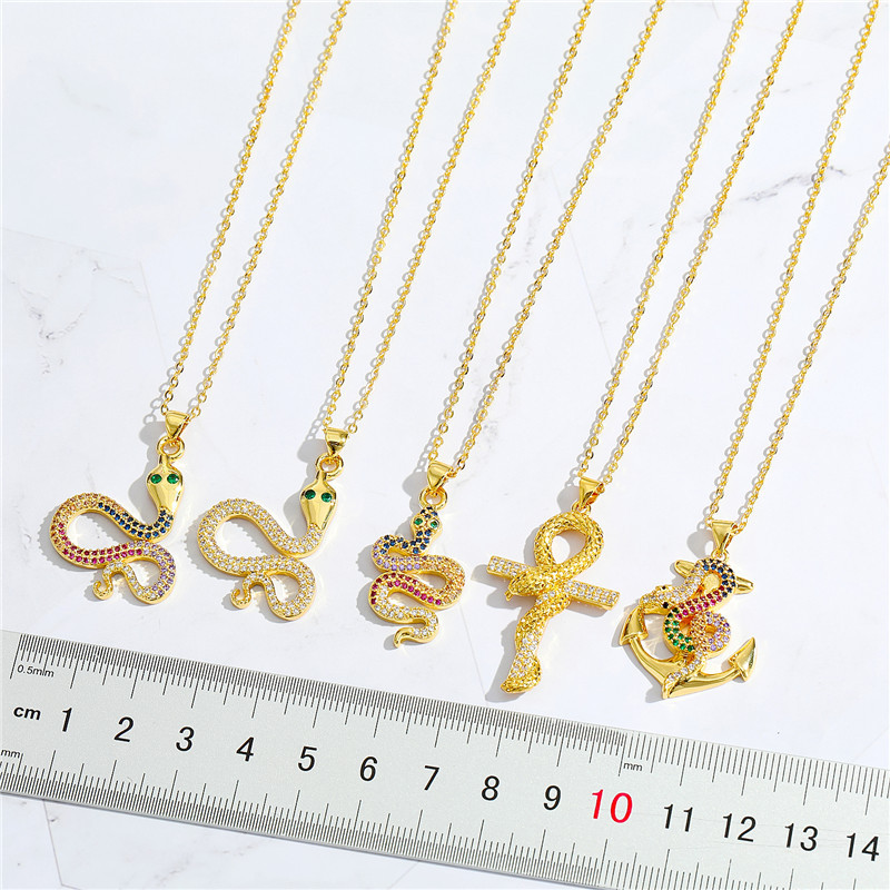 European Cross-border Sold Jewelry Retro Punk Personality Colorful Crystals Snake Boat Anchor Cross Pendant Necklace Clavicle Chain Female display picture 5