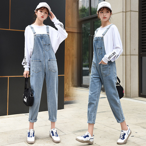 Autumn new denim overalls for women, slimming, Korean version, loose, age-reducing, ripped dad pants for small people 5019