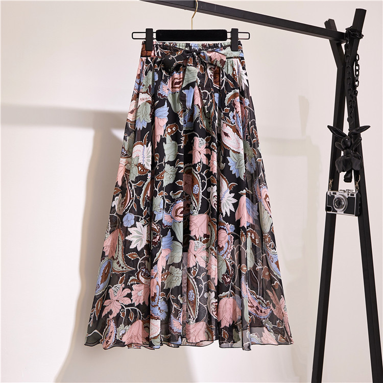 Stretchy Elasticity Summer Casual Vintage Style Geometric Polka Dots Flower Polyester Chiffon Maxi Long Dress Skirts