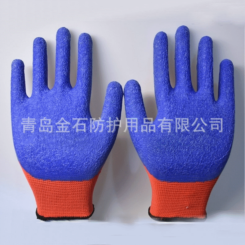 供应涤纶涂胶乳胶皱纹 加厚 工业劳保手套13针涤纶皱纹手套