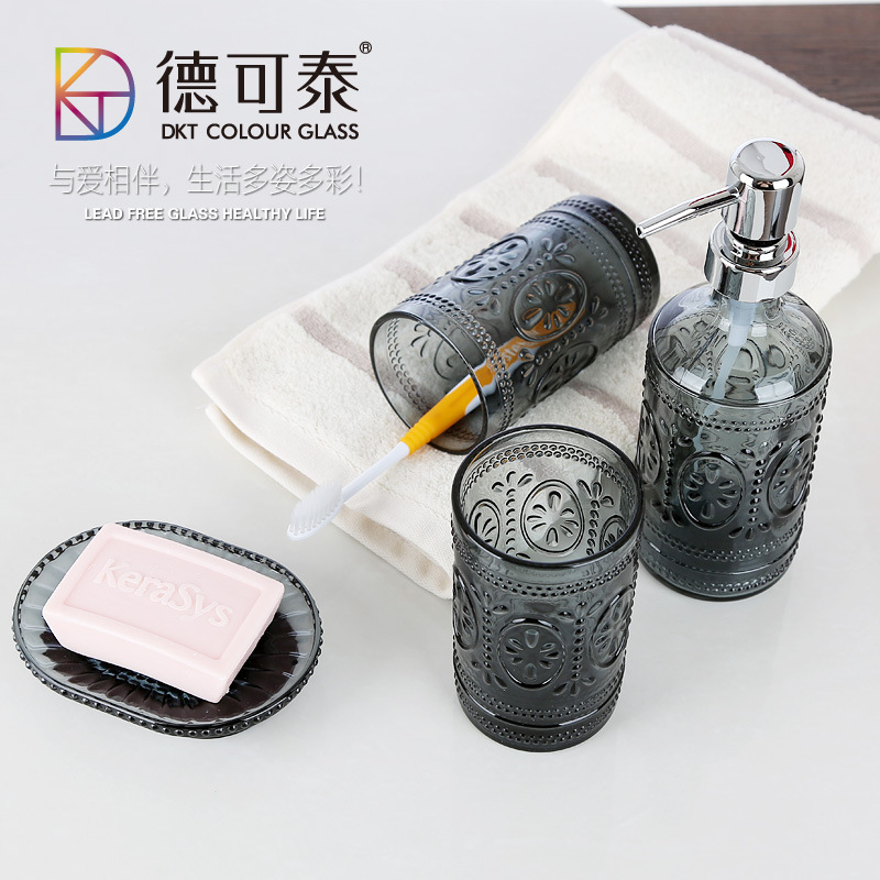 环保色料卫浴四件套 玻璃材质时尚牙刷杯浴液瓶香皂盒易便捷套装|ms