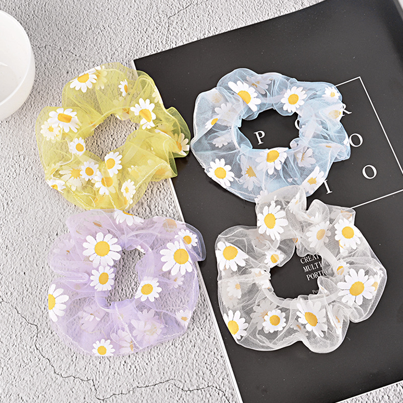 15g Weight Headwear Classification Festival Occasion Flower Pattern Women'S Gender Sky Blue, White, Pink, Purple, Green, Blue, Yellow, Black Color Korean Simple Mesh Daisy Hair Scrunchies 3
