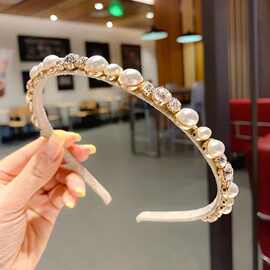 韩版精致甜美珍珠水钻细发箍发卡轻奢百搭手工珍珠绕线淑女风头饰