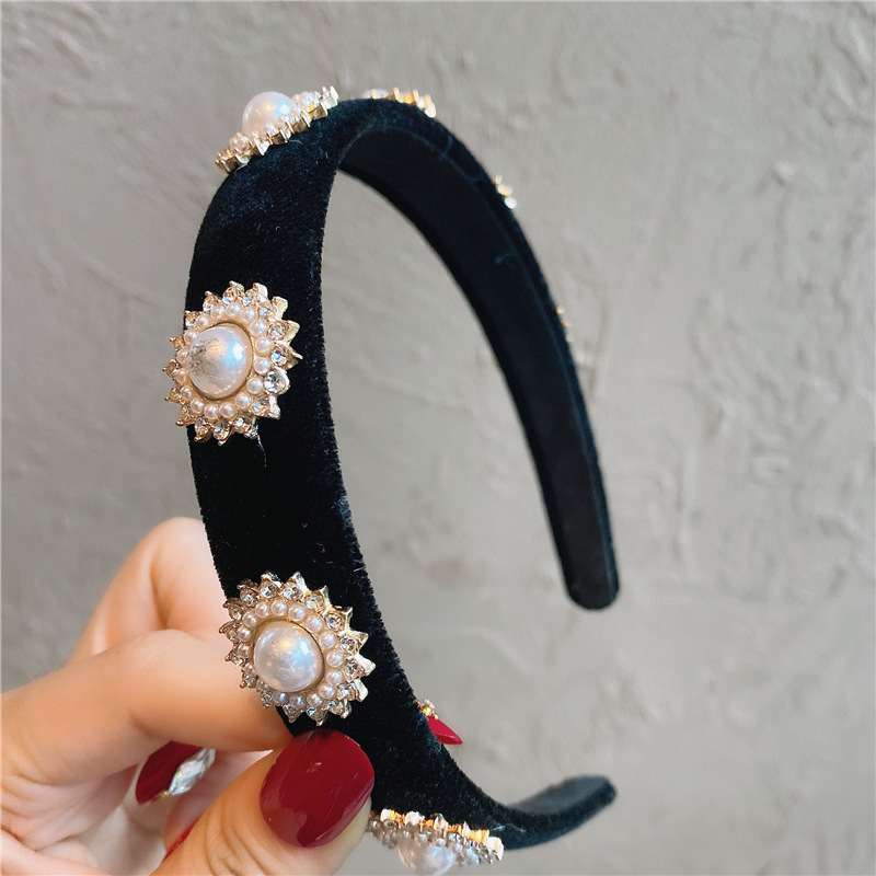 Corea del Sur Dongdaemun terciopelo diadema Chanel Estilo Vintage rhinestone diadema Internet celebridad dulce negro Super hadas accesorios para el cabello adulto