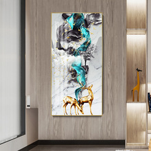 玄關裝飾畫定制北歐輕奢金色麋鹿客廳掛畫入戶過道晶瓷畫餐廳壁畫