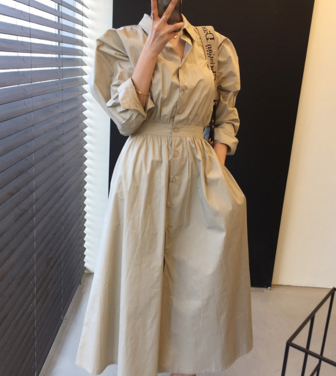 French Style Vintage Court Style Waist Single-Breasted Dress  Fall Long Loose Shirt Dress in Dresses