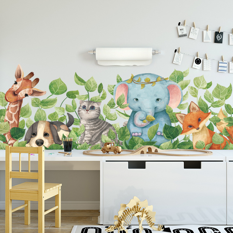 墙贴踢脚线教室幼儿园墙壁走廊装饰墙壁纸手绘 叶子里的动物