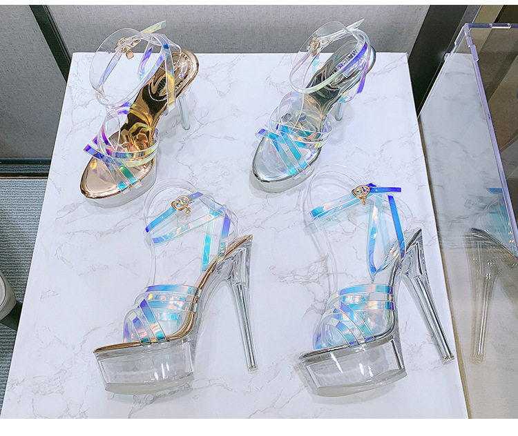 Giày sandal nữ gót nhọn trong suốt pha lê quai chéo mùa hè — Màu bạc, Màu vàng sâm panh chi tiết 21