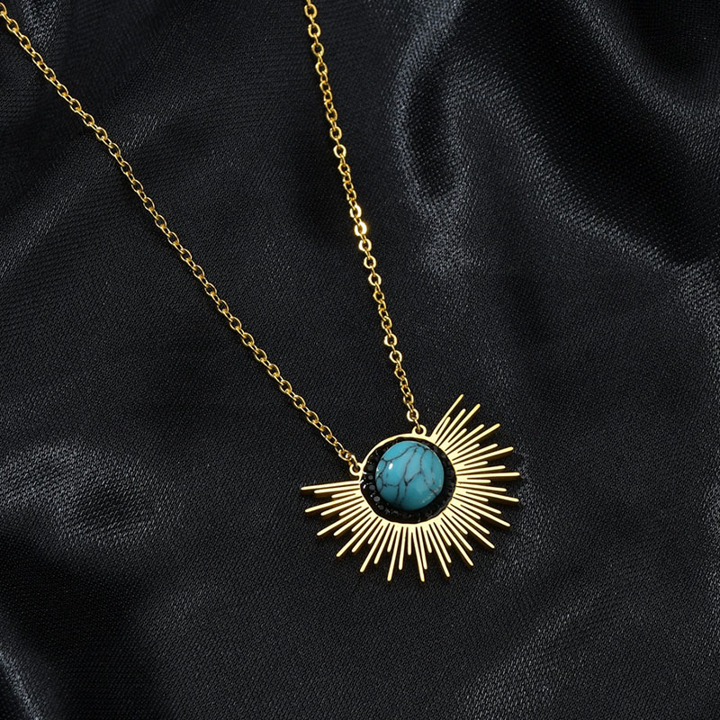 New Stainless Steel 18k Golden Sun Flower Turquoise Necklace display picture 2