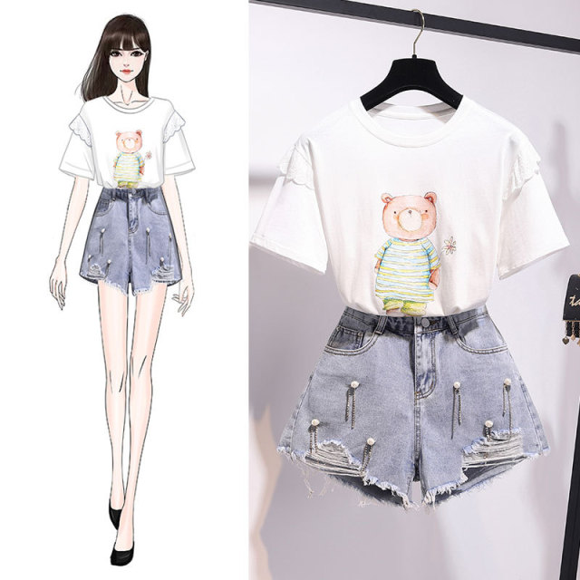 Casual Short Sleeve suit women’s foreign style Hong Kong Style nail bead denim shorts two piece set