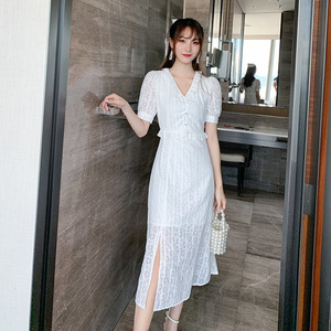 韩国东大门女装连衣裙夏2020新款泡泡袖时尚V领女小清新仙女裙子