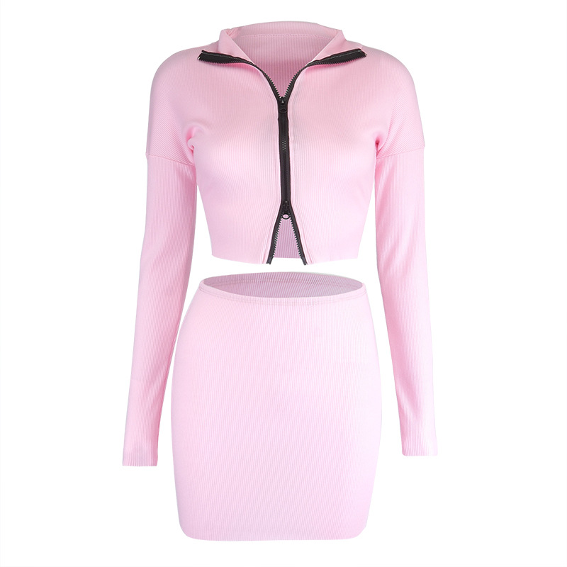 Fashion high collared zip top & skirt NSHLJ47563