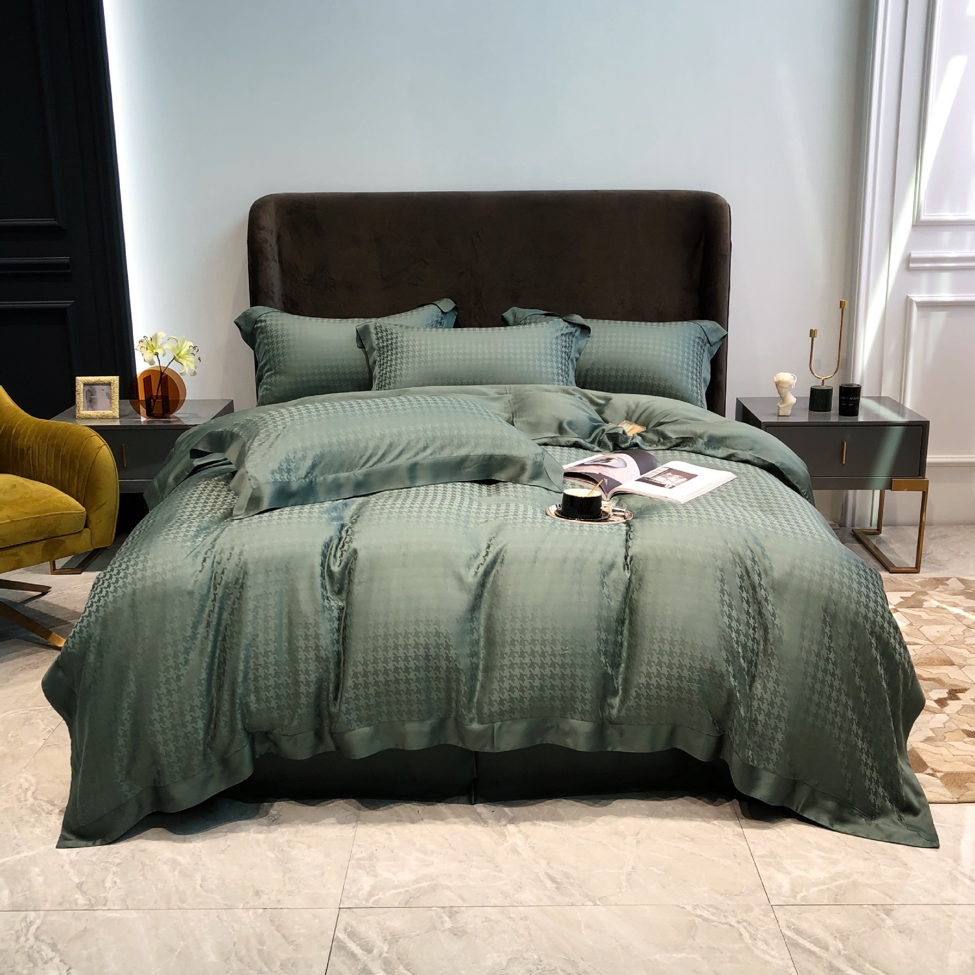 千鸟格 松绿白底