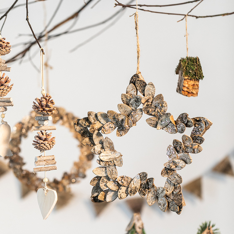 Corteza de Navidad corolla de flores decoración estrella de cinco puntas anillo de vid de abedul corteza de hotel colgante de pared colgante de puerta