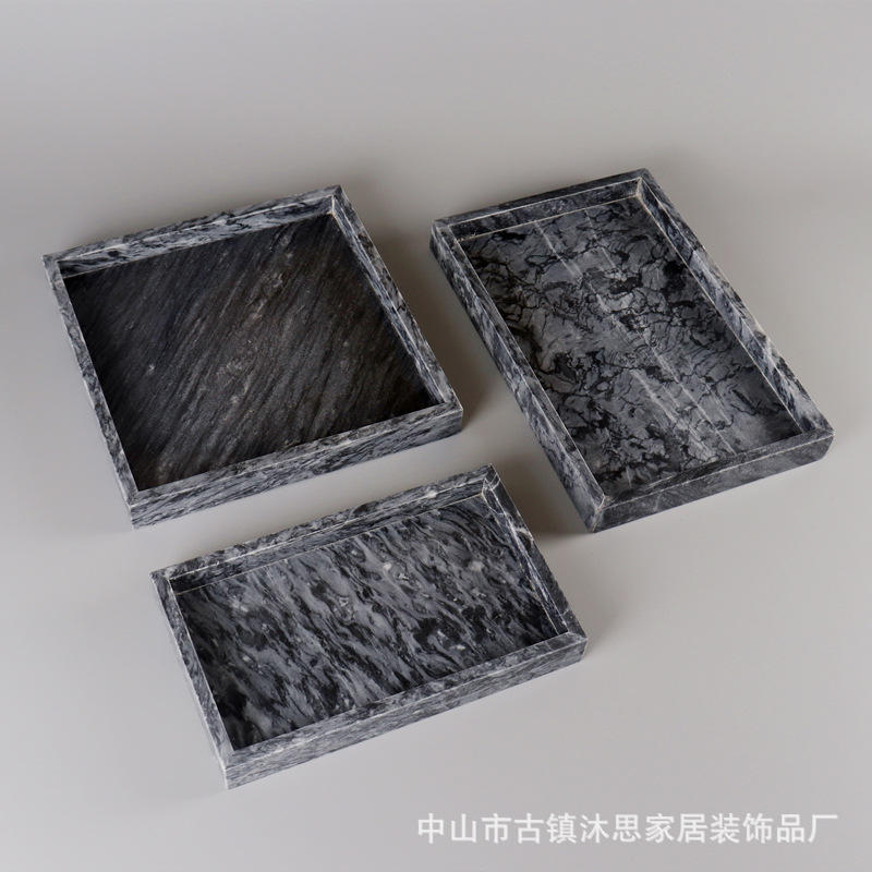 酒店樣板間衛浴洗漱托盤蛋糕盤家居化妝品黑色天然大理石方形托盤