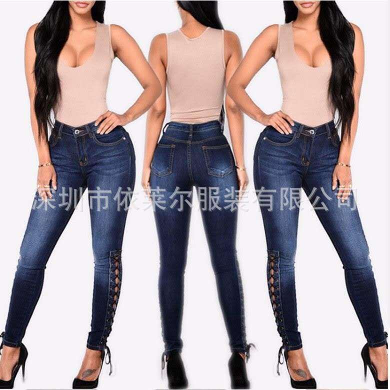 跨境欧美鸡眼个性绑带弹力显瘦亚马逊高品质时尚街头个性牛仔裤女