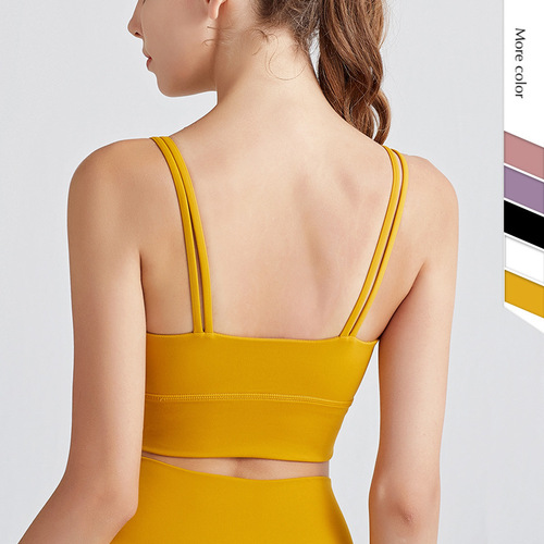 New European and American Yoga Sports Bra with Double Fine Shoulder Straps, Small Strap Backless Top, Removable Pads, Beautiful Back Sports Bra