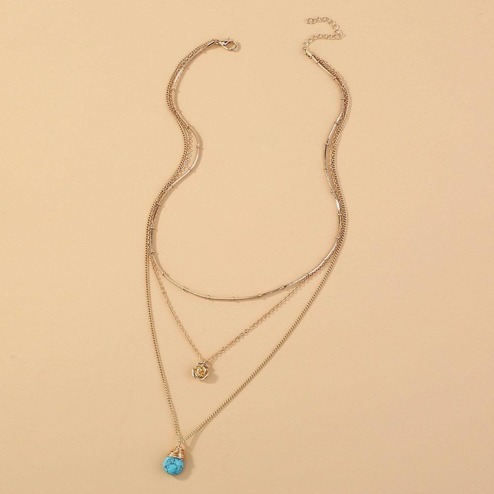 European and American new elegant turquoise multilayered simple and versatile golden rose clavicle chainpicture5