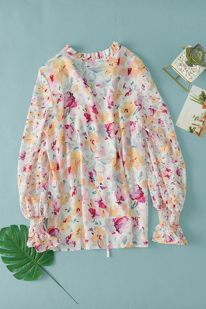 Autumn long-sleeved v-neck button floral chiffon top nihaostyles wholesale clothing NSQSY92647