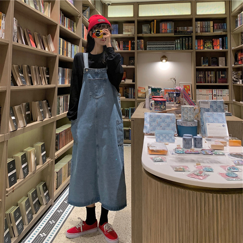 Loose College Style Antique Slimming Age-Reducing Denim Strap Dress Women's Autumn Middle School Student Long Over-the-Knee Dress