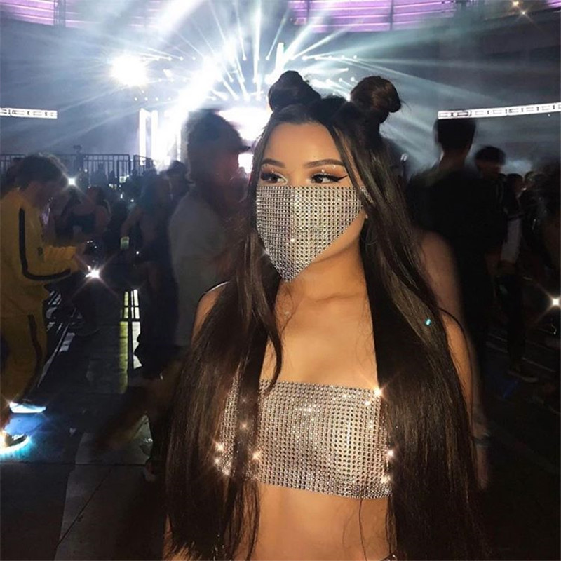 mesh flash rhinestone jewelry tube top slim vest with mouth mask NSYML132268