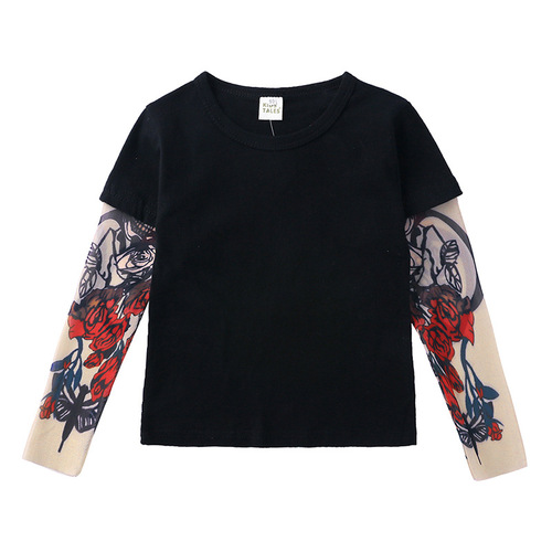 Kids Tales children's clothing INS spring and autumn boys and girls T-shirt European and American long-sleeved splicing hip-hop style flower arm tattoo sleeves