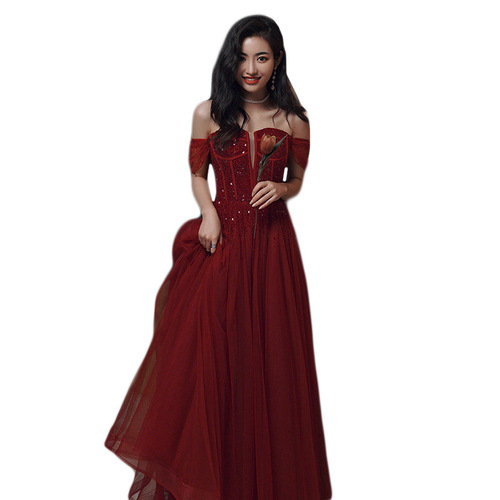 Evening dresses prom dress Vestidos de noche evening gowns Bridegroom wedding dress one shoulder high end nail bead wine red banquet evening dress