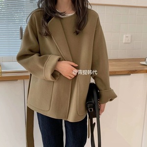 韩国新款毛呢子外套简约短款小个子双面羊绒外套圆领休闲羊毛外套