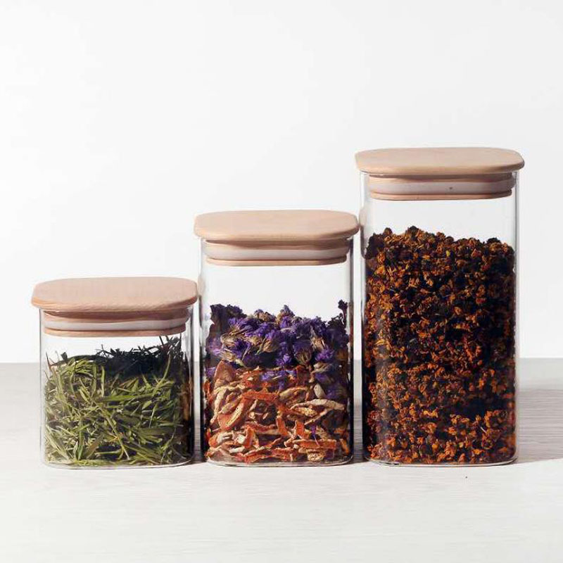 Fábrica al por mayor borosilicato cuadrado sellado tarro nuevo tarro de té de vidrio transparente tarro de almacenamiento de dulces snack tarro