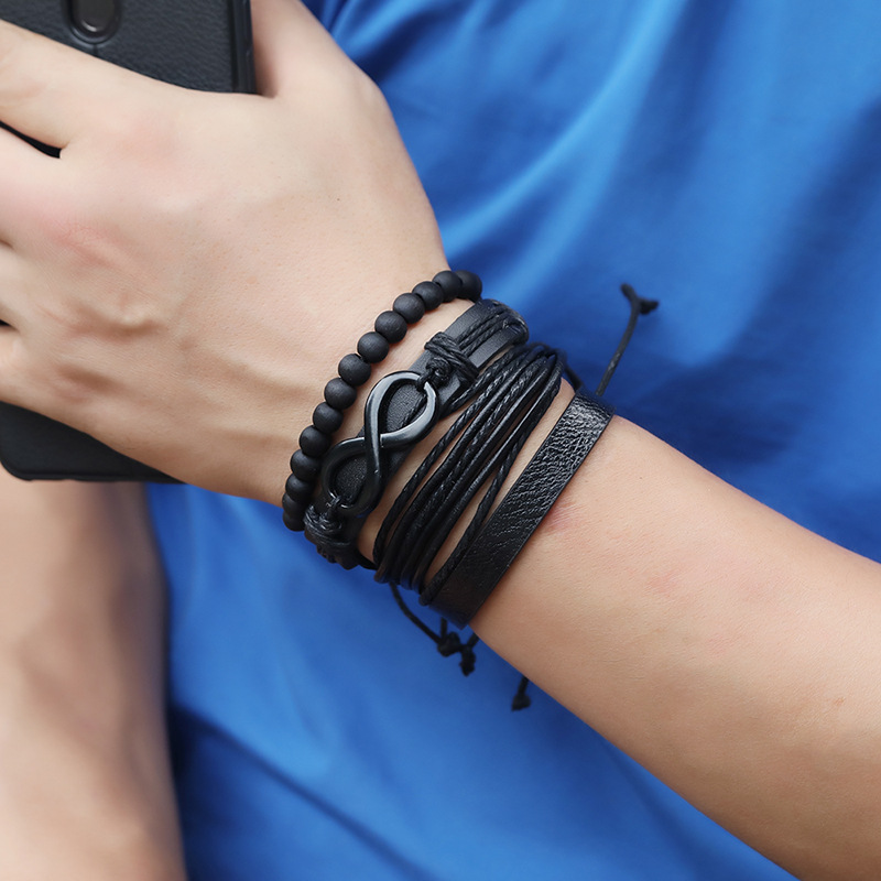 Fashion multi-layer woven retro cowhide simple black 8 word leather bracelet