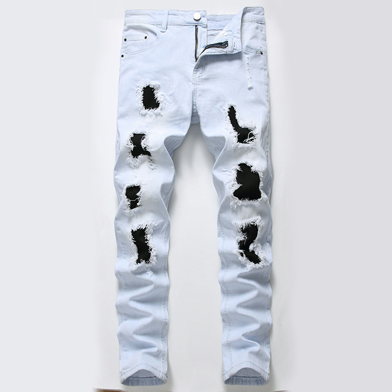 2020新款男式破洞牛仔裤弹力修身浅色牛仔裤男直筒大码贴布乞丐裤