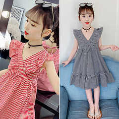 Girls' 2024 Summer New Square Grid V-Neck Dress Campus College Wind Medium-Length Cotton Skirt