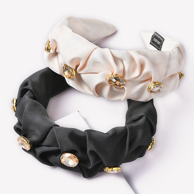 欧美跨境纯色布艺水钻发箍工厂直销宽边褶皱头箍气质简约头箍