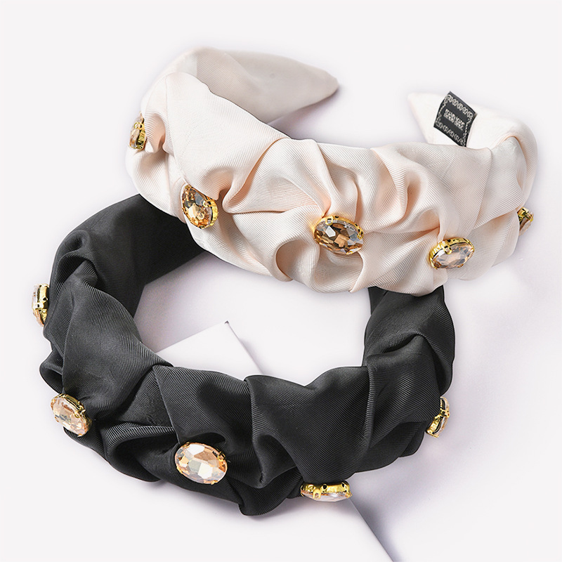 欧美跨境纯色布艺水钻发箍工厂直销宽边褶皱头箍气质简约头箍